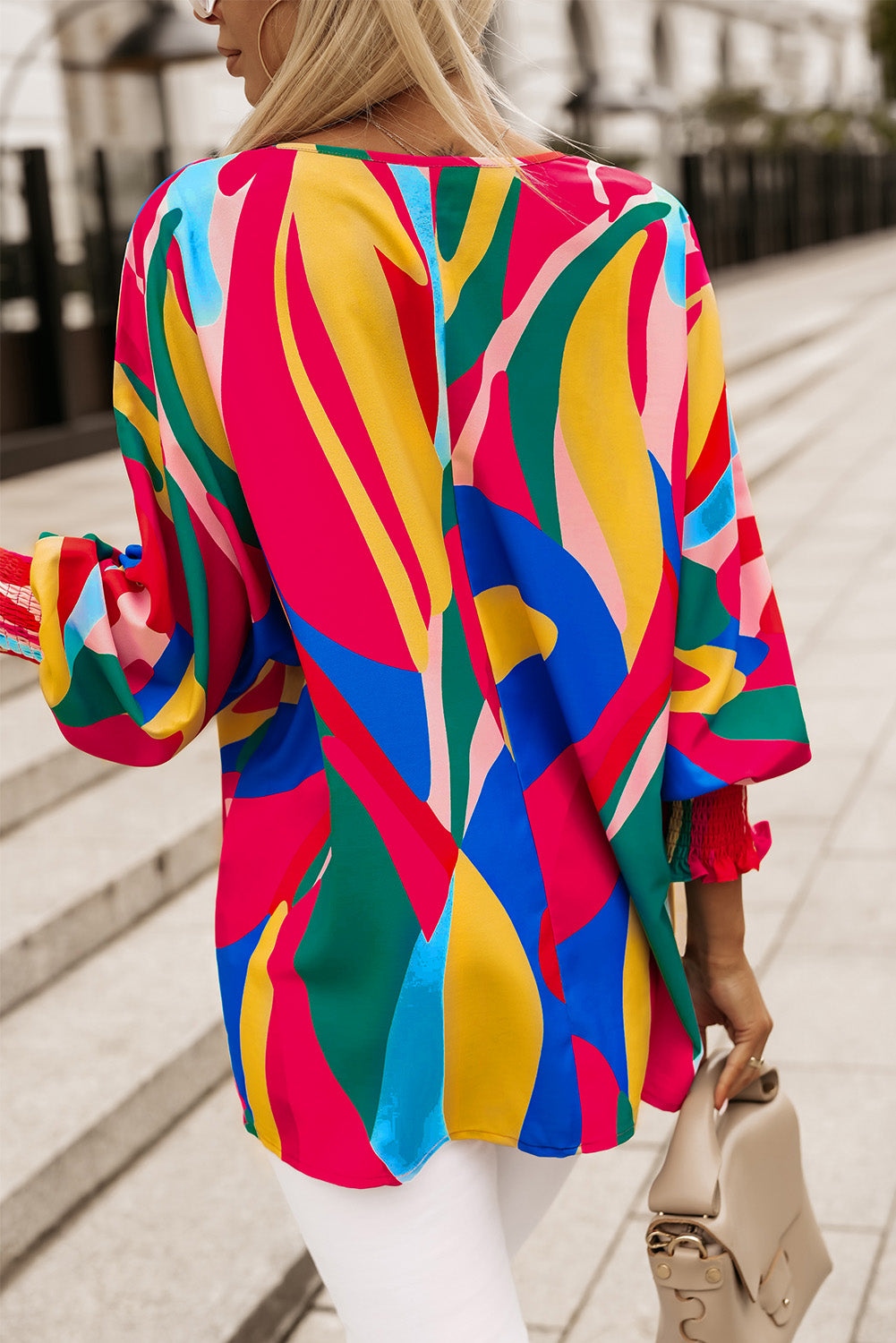 Printed Round Neck Smocked Wrist Lantern Sleeve Blouse