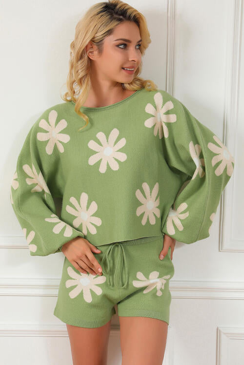 Floral Lantern Sleeve Tied Sweater Set