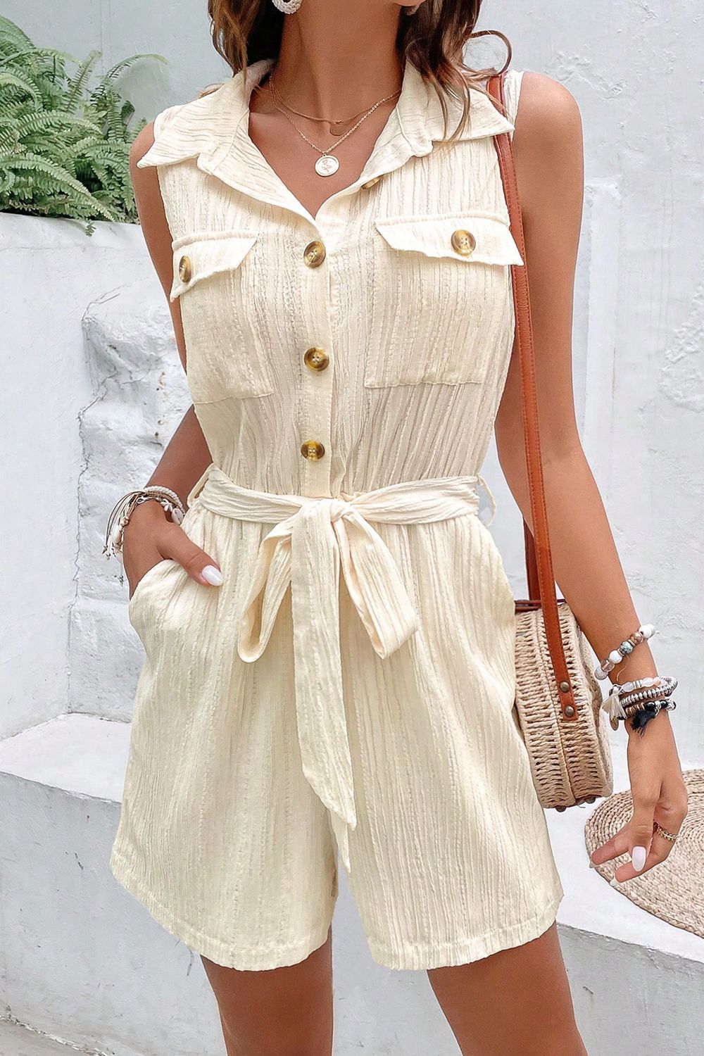 Collared Neck Buttoned Tie Waist Sleeveless Romper