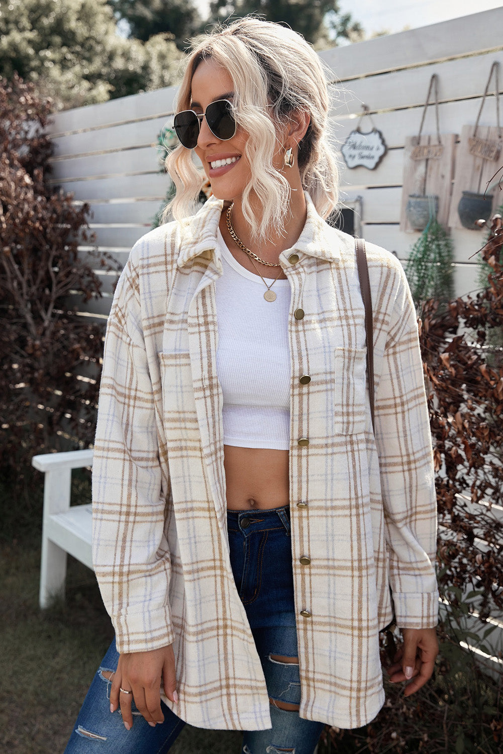 Plaid Curved Hem Dropped Shoulder Longline Shirt Jacket