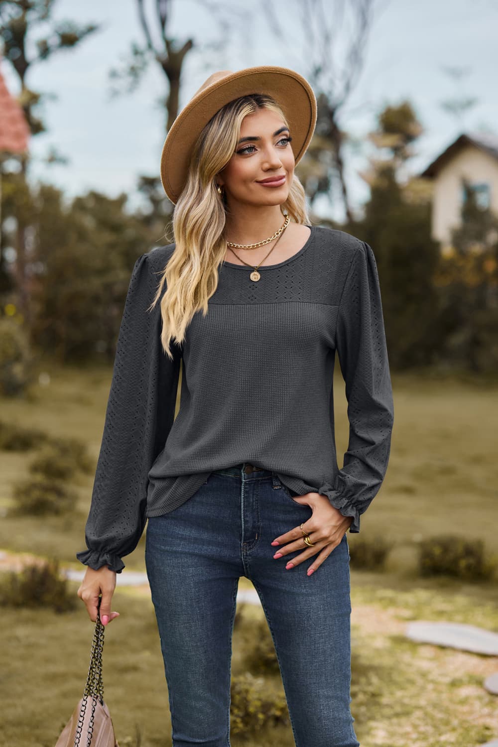 Round Neck Puff Sleeve Blouse