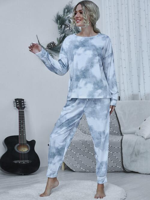 Tie-dye Round Neck Top and Drawstring Pants Lounge Set