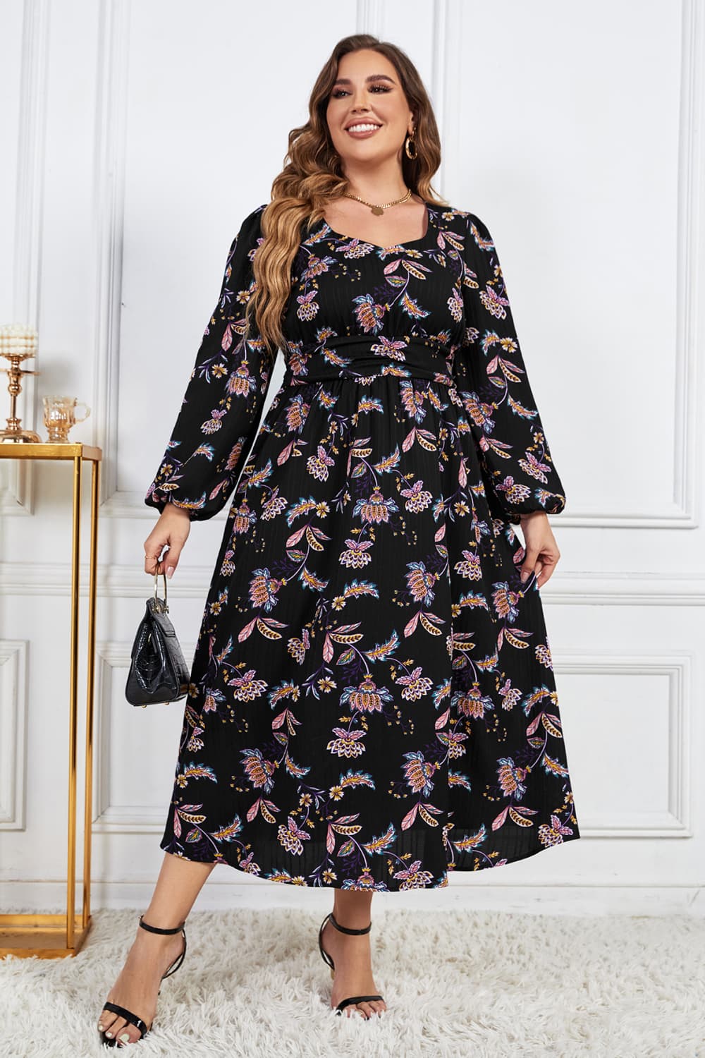 Plus Size Floral Print Long Sleeve Midi Dress