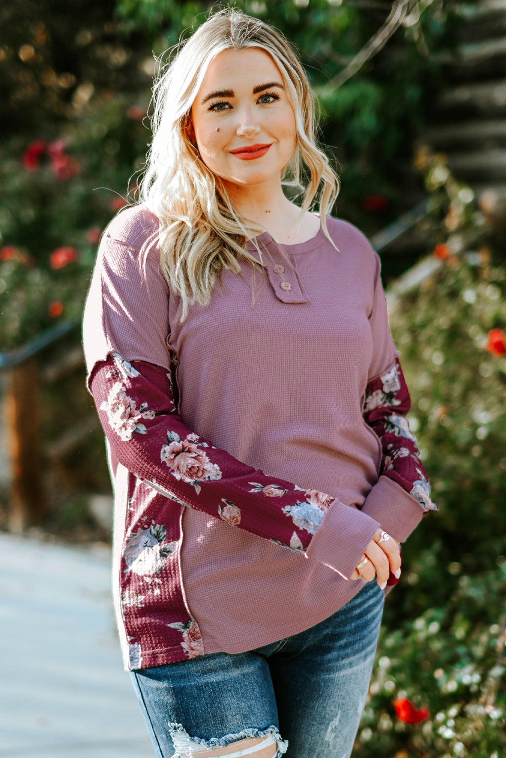 Plus Size Floral Exposed Seam Quarter-Button Henley Top