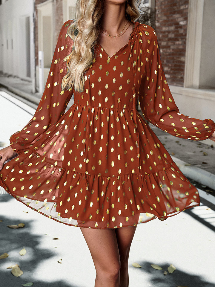 Tie Neck Long Sleeve Polka Dot Dress