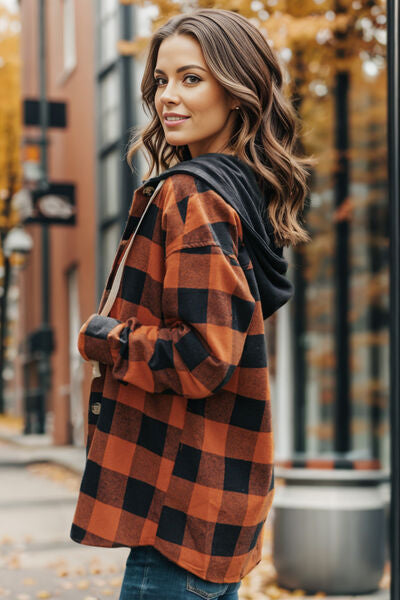 Plaid Button Up Drawstring Hooded Shacket