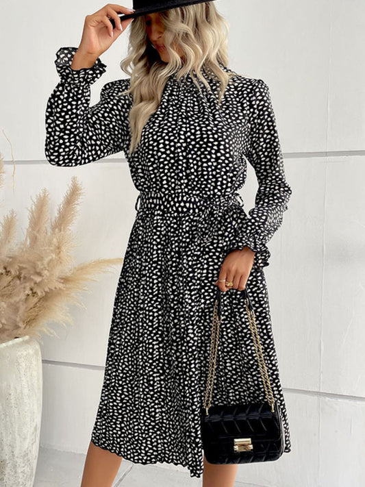 Printed Tie-Waist Flounce Sleeve Keyhole Midi Dress