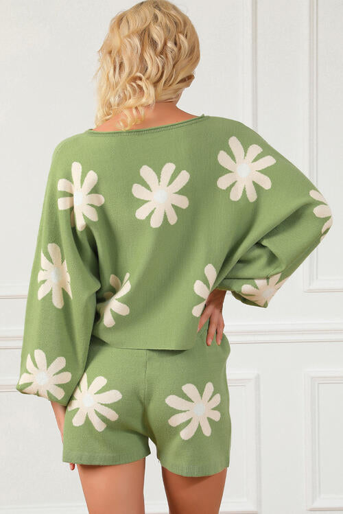 Floral Lantern Sleeve Tied Sweater Set