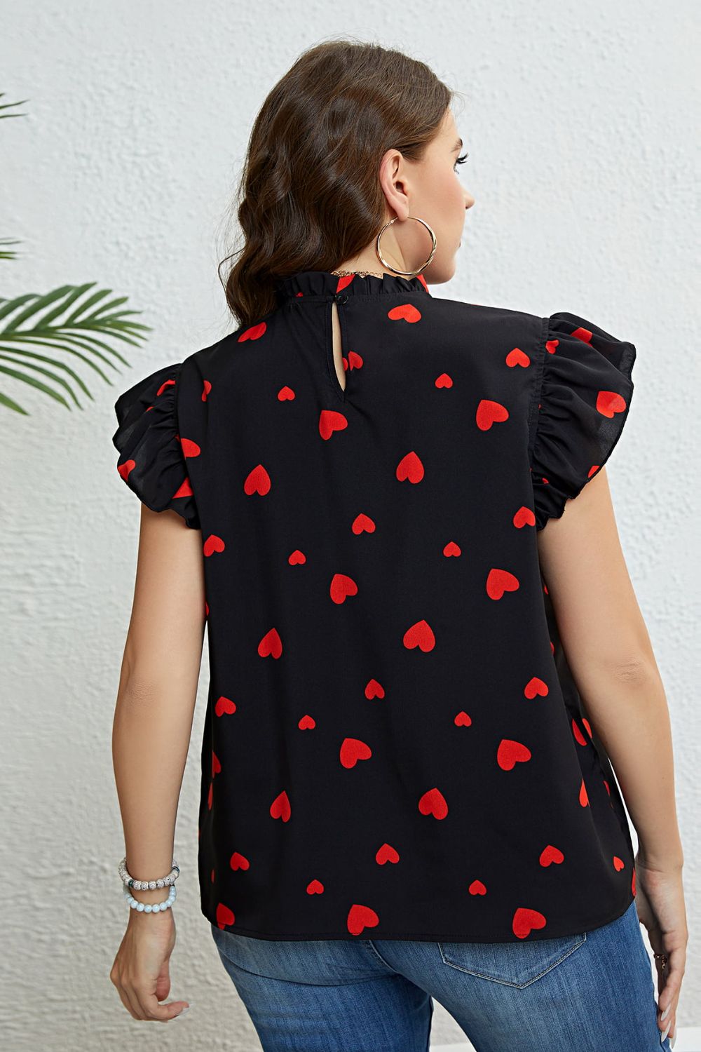 Plus Size Heart Print Butterfly Sleeve Mock Neck Top