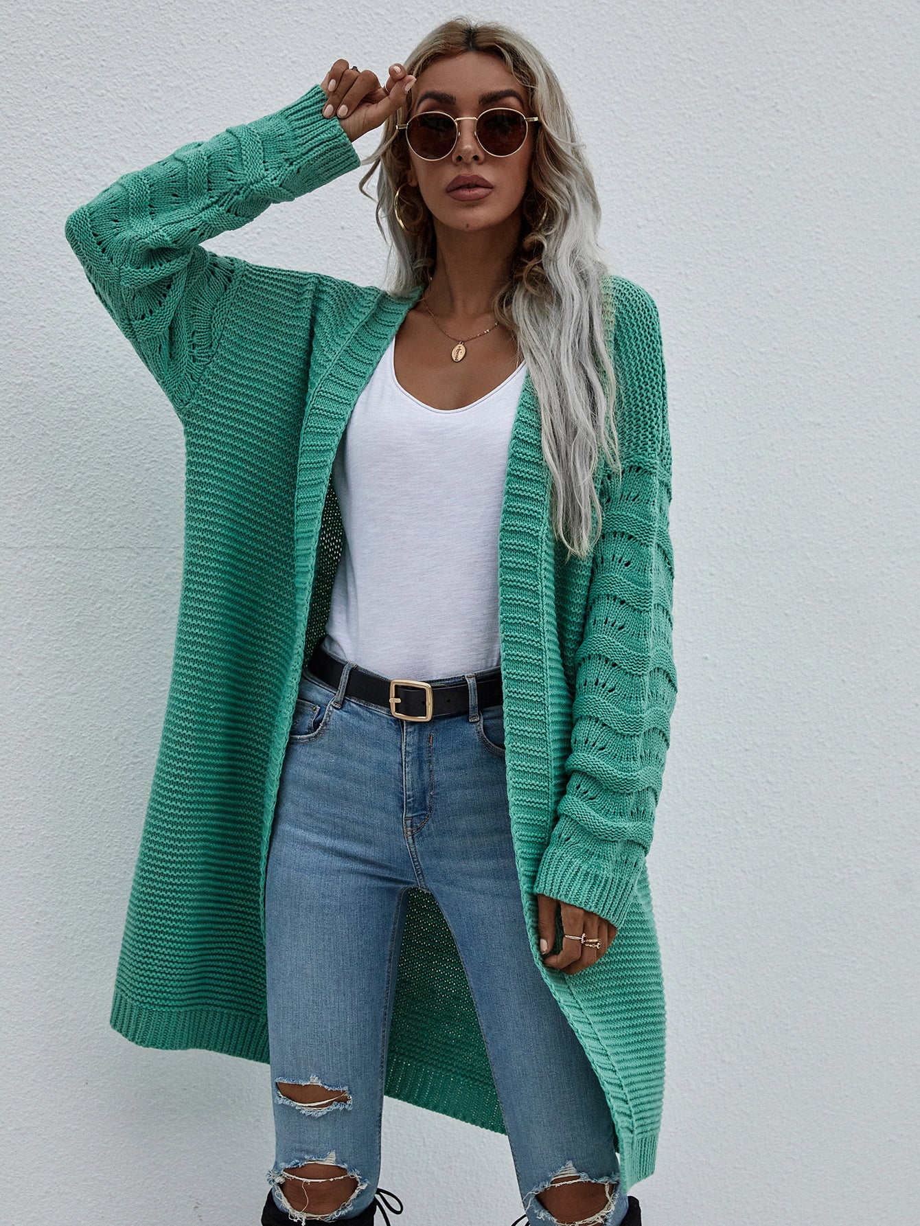 Horizontal Ribbing Open Front Duster Cardigan