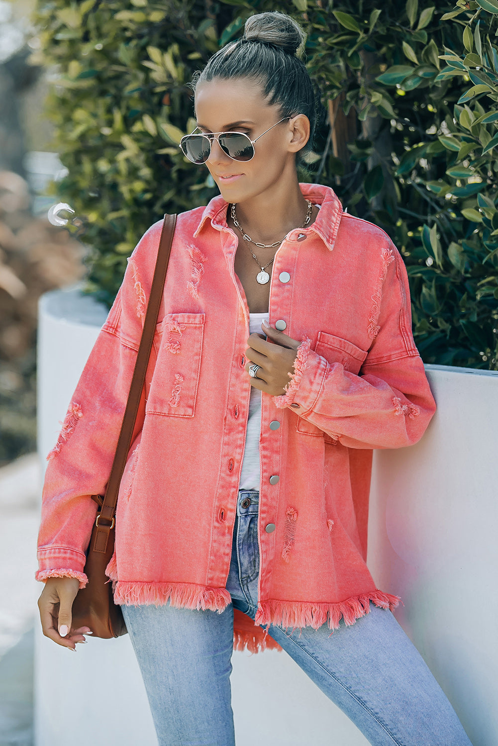 Double Take Distressed Fringe Trim Button Up Jacket