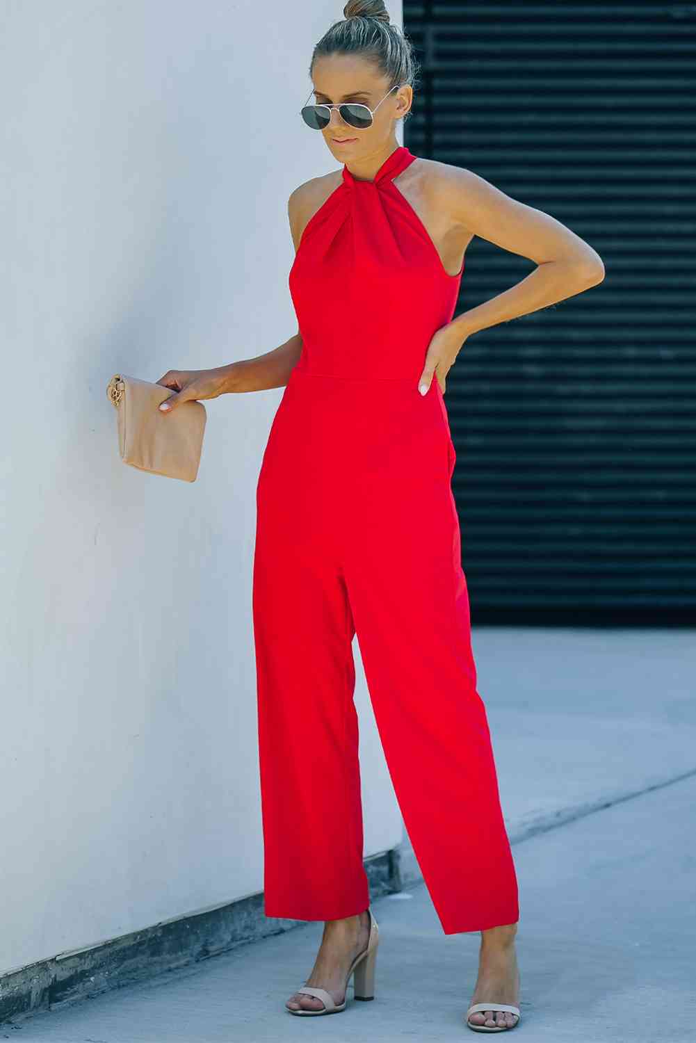 Twisted Grecian Neck Wide Leg Jumpsuit