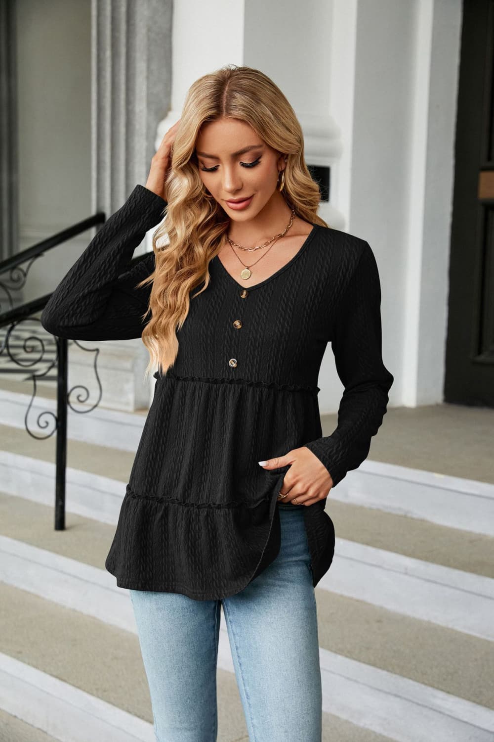 Long Sleeve V-Neck Cable-Knit Blouse