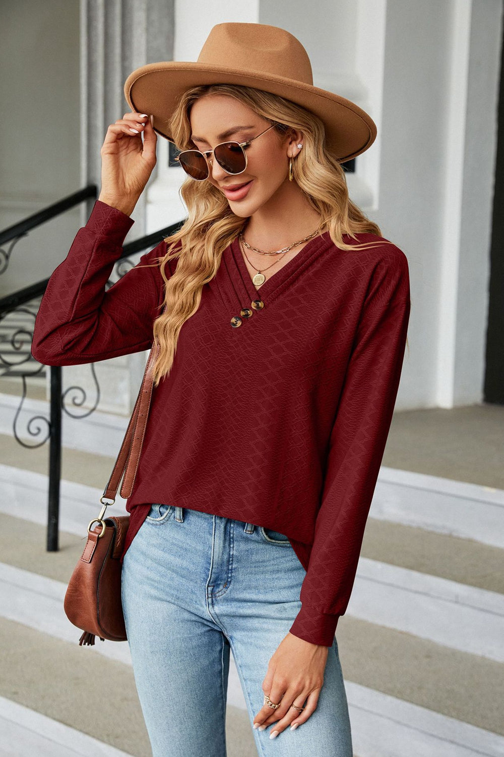 V-Neck Long Sleeve Blouse