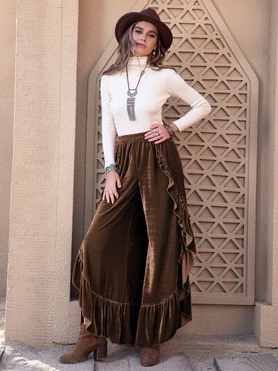 Ruffle Trim Wide Leg Slit Pants