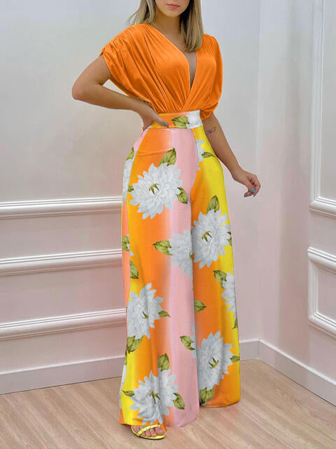 Printed Surplice Top and Wide Leg Pants Set