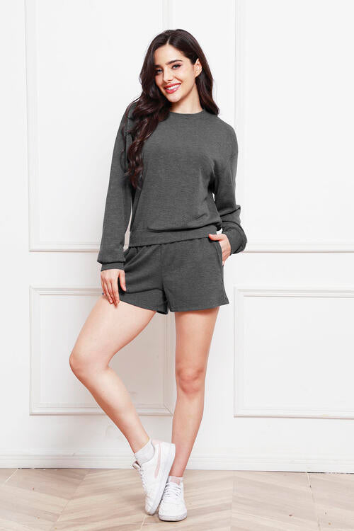 Round Neck Long Sleeve Top and Shorts Set