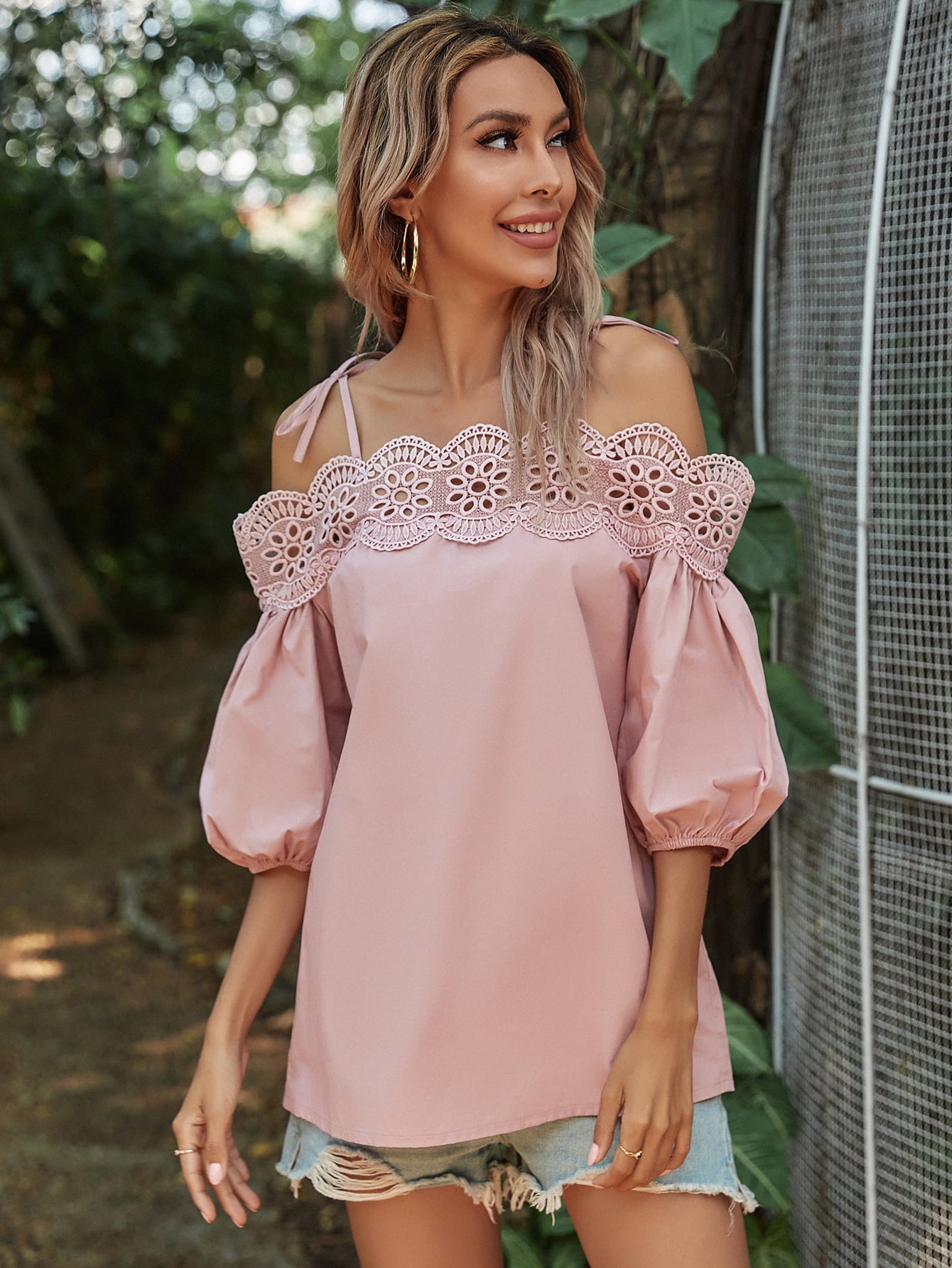 Lace Trim Off-Shoulder Bubble Sleeve Blouse