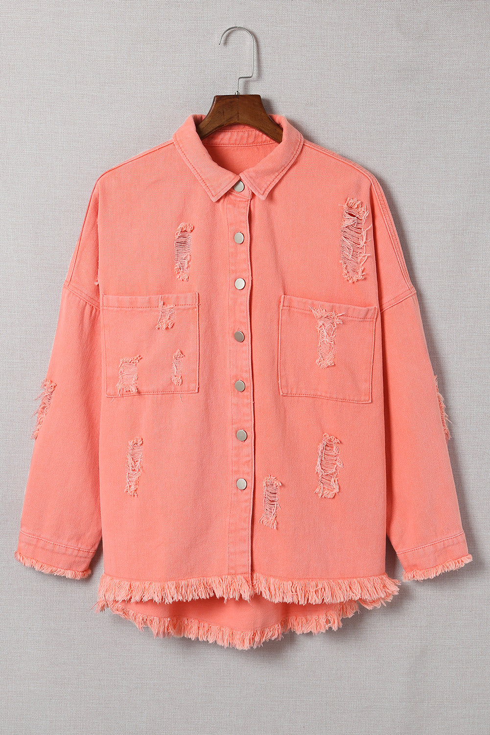 Double Take Distressed Fringe Trim Button Up Jacket