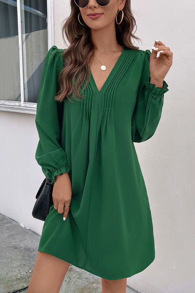 Ruched V-Neck Flounce Sleeve Dress