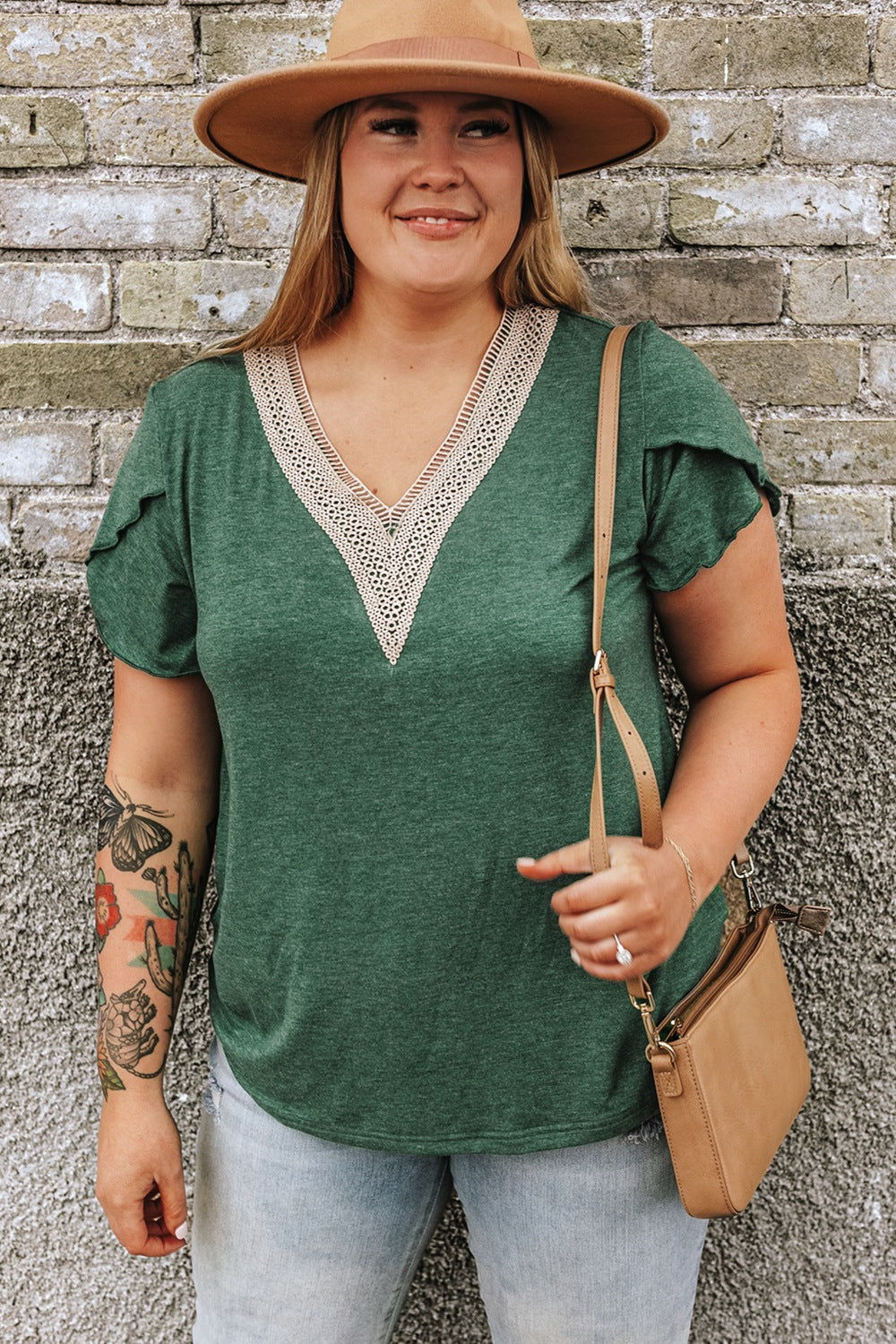 Plus Size V-Neck Petal Sleeve Blouse