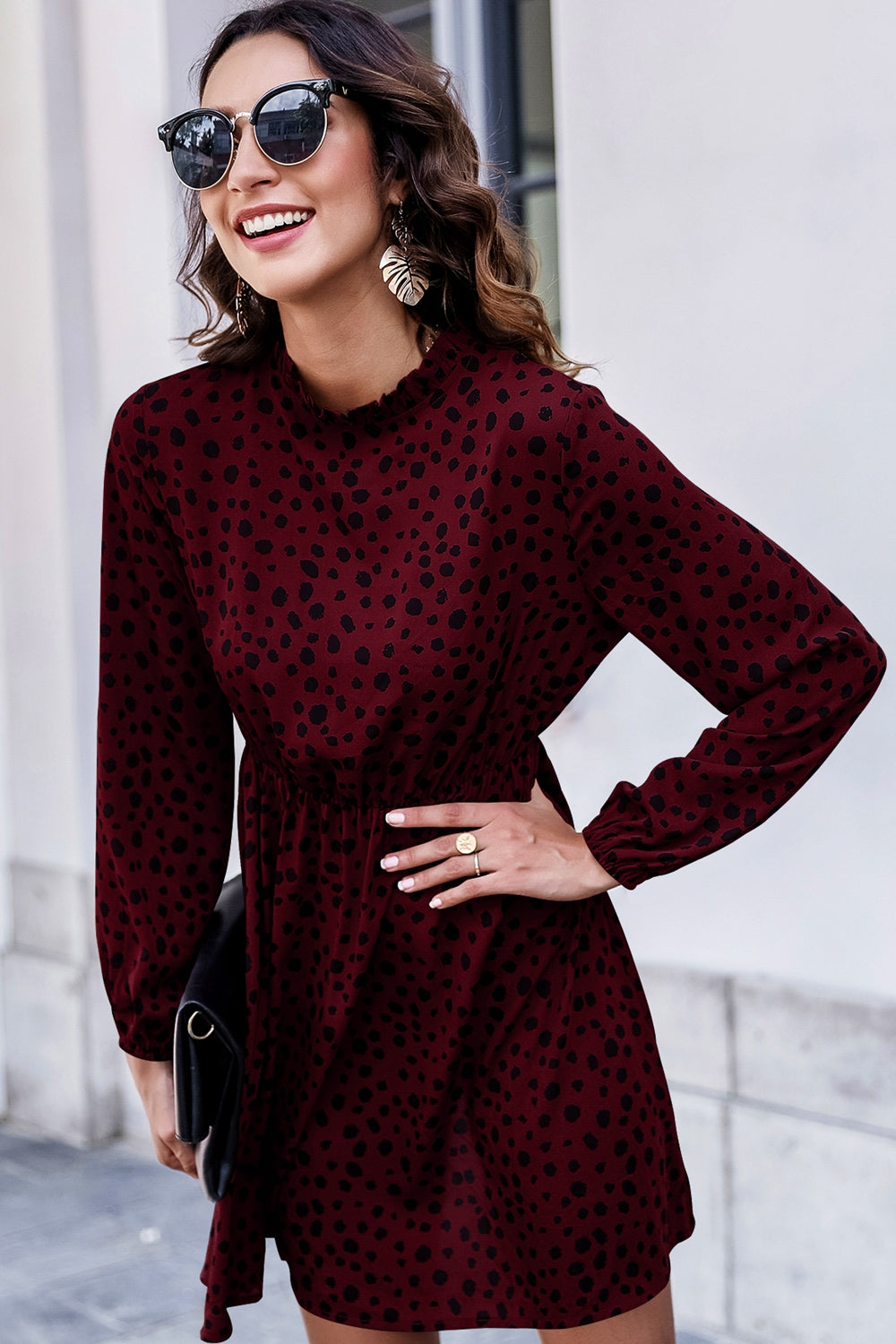 Printed Mock Neck Long Sleeve Midi Dress