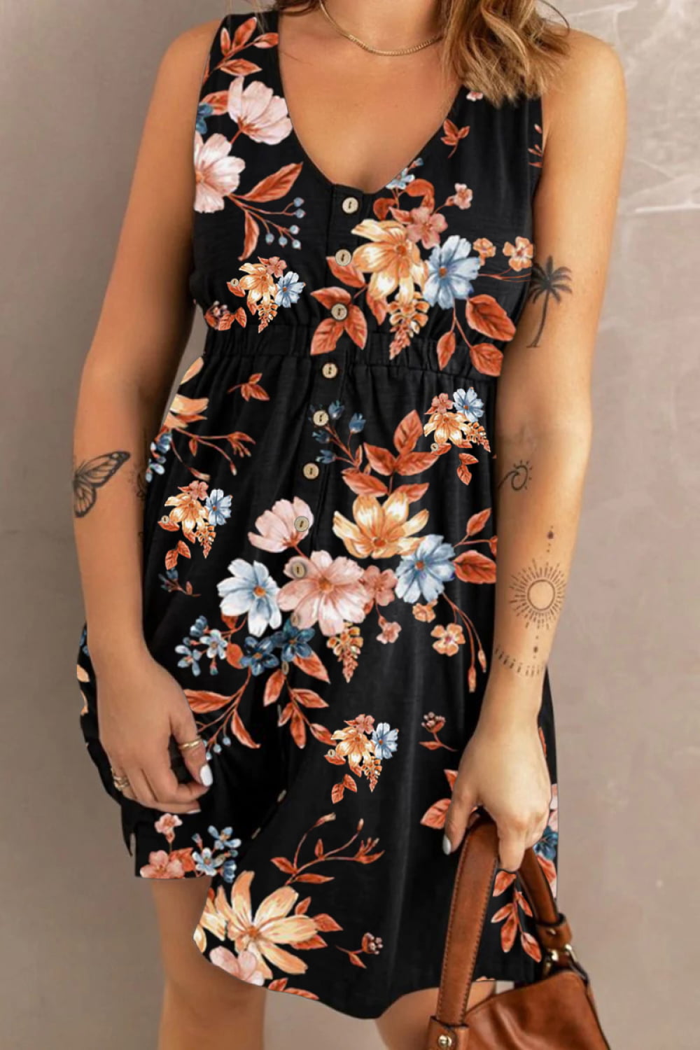 Printed Scoop Neck Sleeveless Buttoned Dress