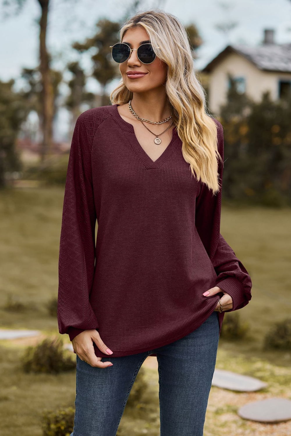 Notched Neck Raglan Sleeve Blouse