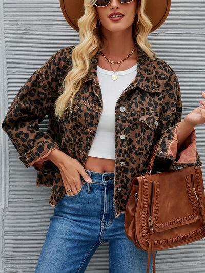 Leopard Button Up Dropped Shoulder Denim Jacket