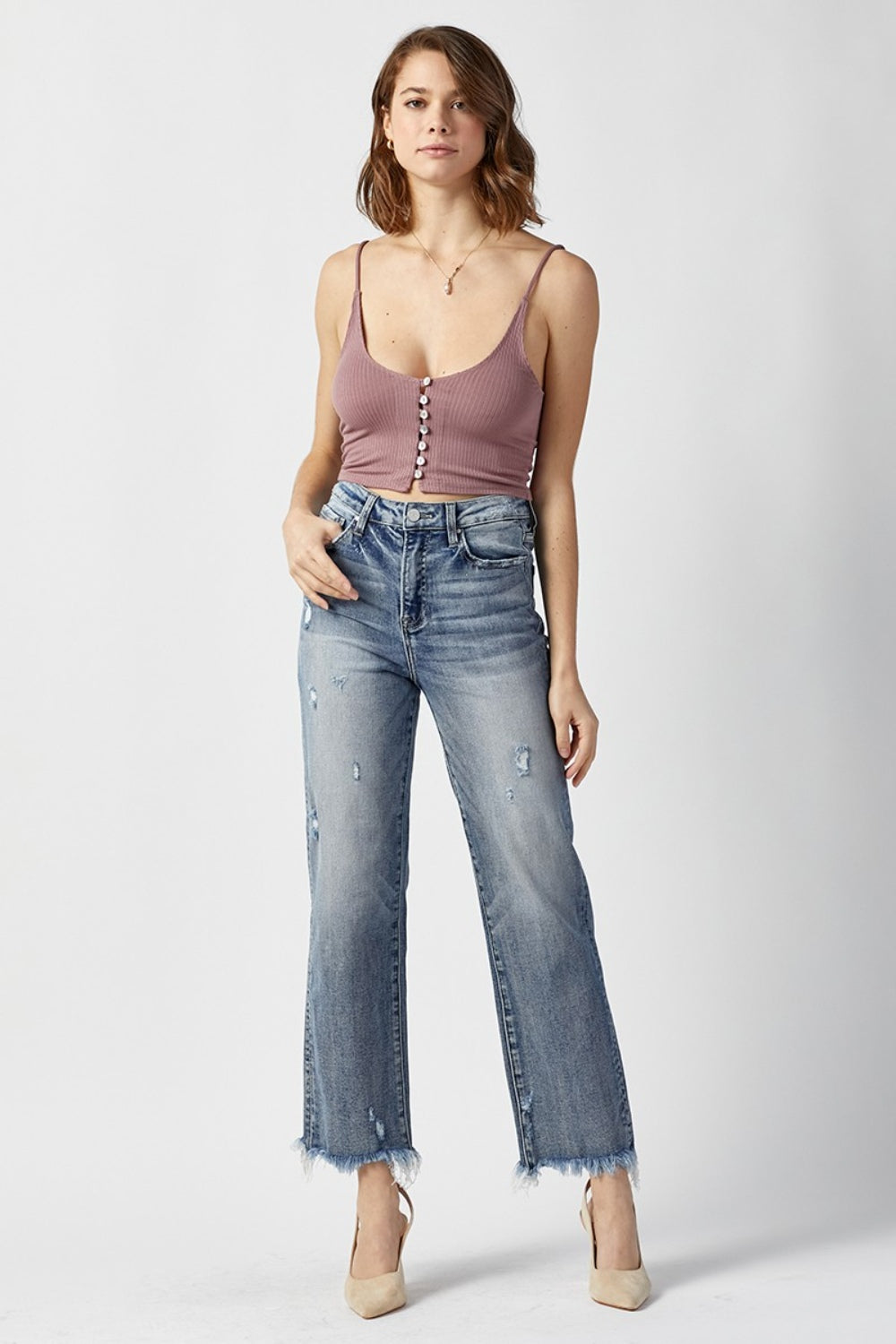 RISEN Amelie High Waist Raw Hem Straight Jeans