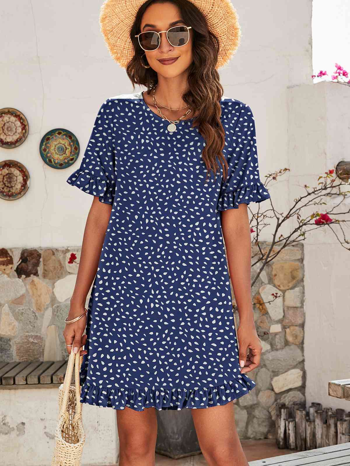 Printed Flounce Sleeve Ruffle Hem Dress