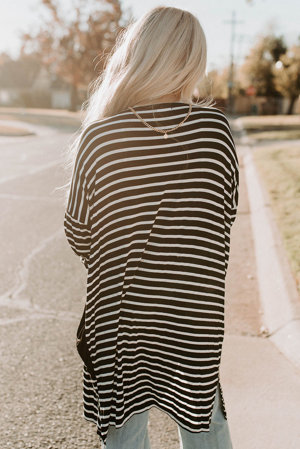 Striped Long Sleeve Cardigan with Pocket