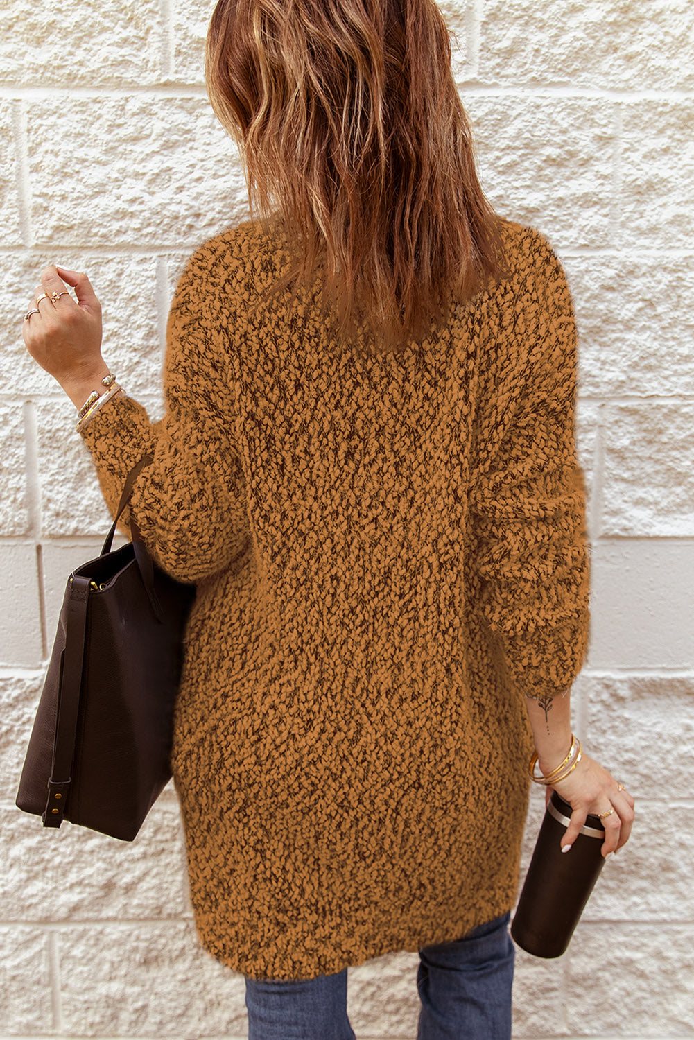 Fuzzy Popcorn Knit Open Front Longline Cardigan