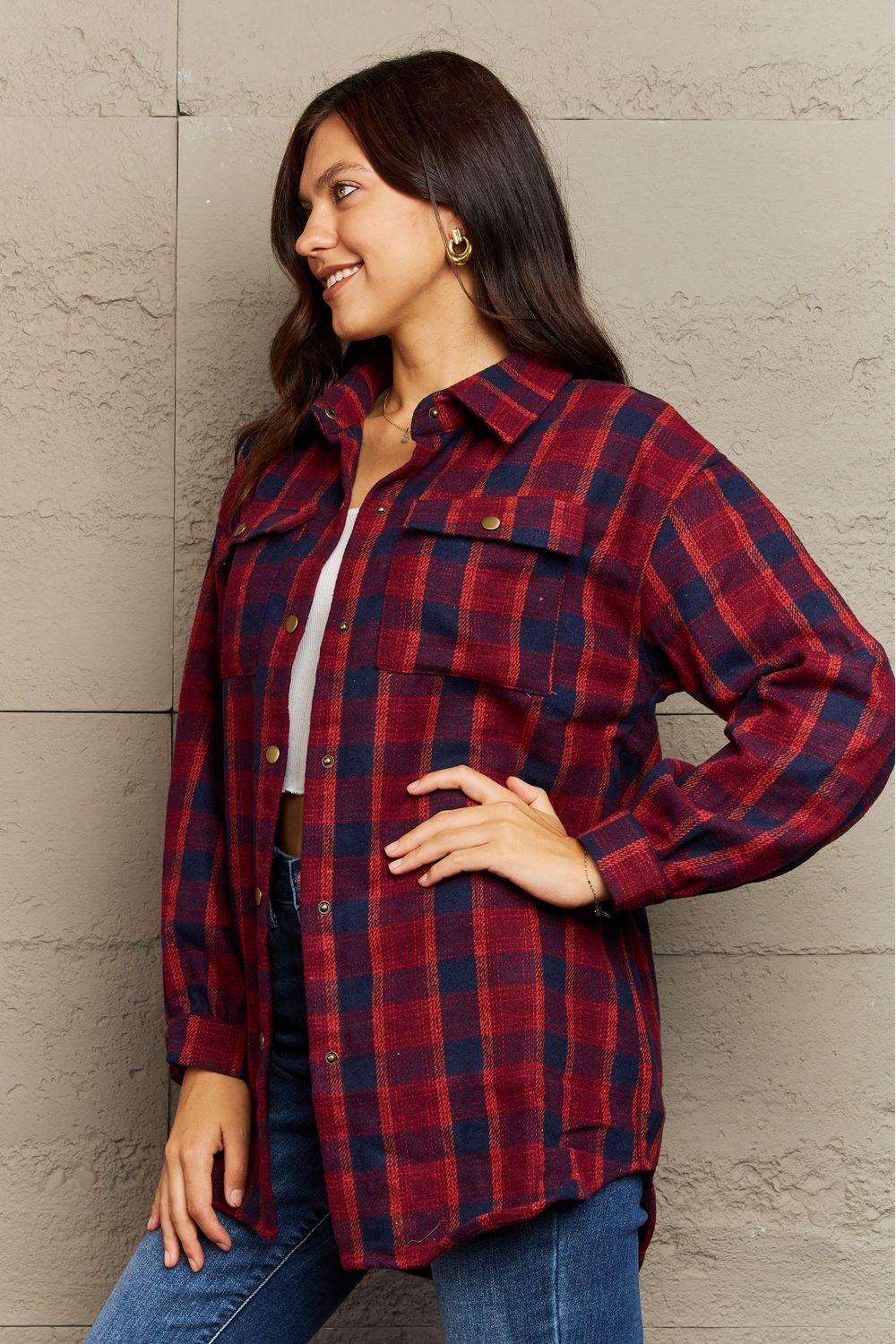 Full Size Plaid Collared Neck Button-Down Long Sleeve Jacket