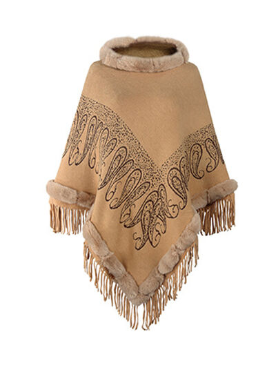 Graphic Fringe Cape Sleeve Poncho