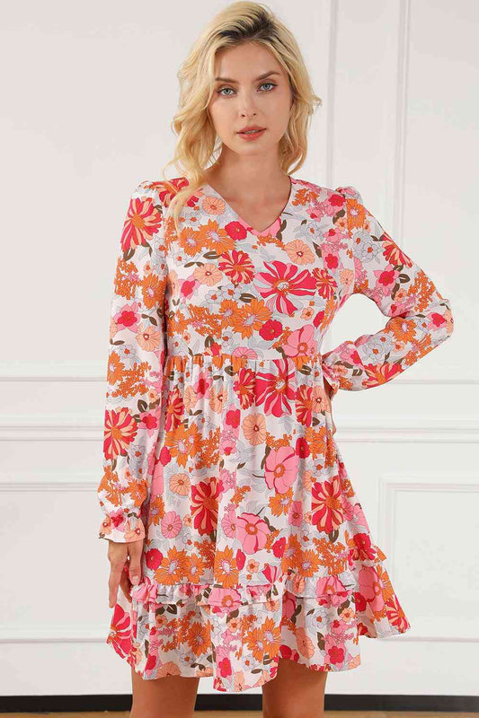 Floral Ruffled V-Neck Long Sleeve Dress