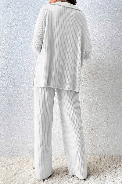 Ribbed Slit Top and Pants Set