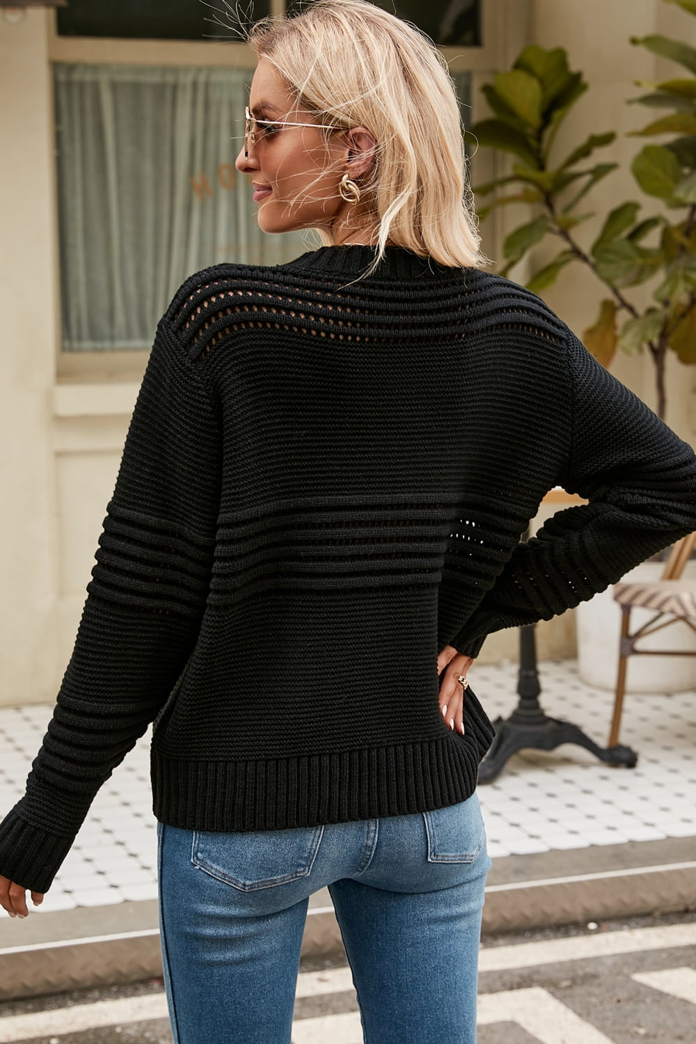 Round Neck Opnework Long Sleeve Pullover Sweater