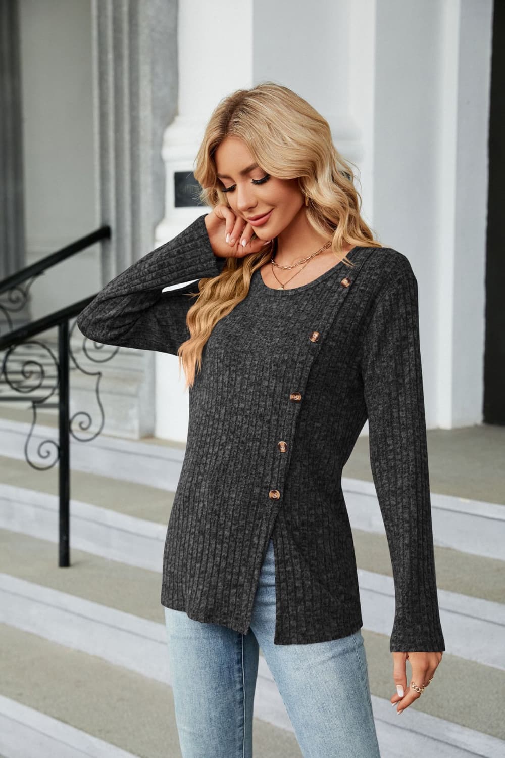 Buttoned Long Sleeve Slit Top