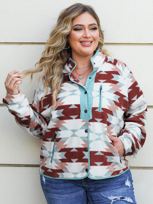 Plus Size Geometric Sanp Down Long Sleeve Jacket