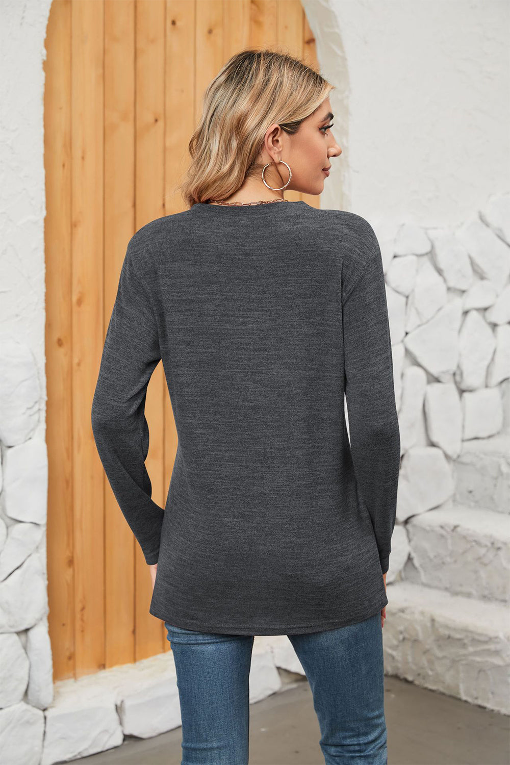 Notched Neck Long Sleeve T-Shirt