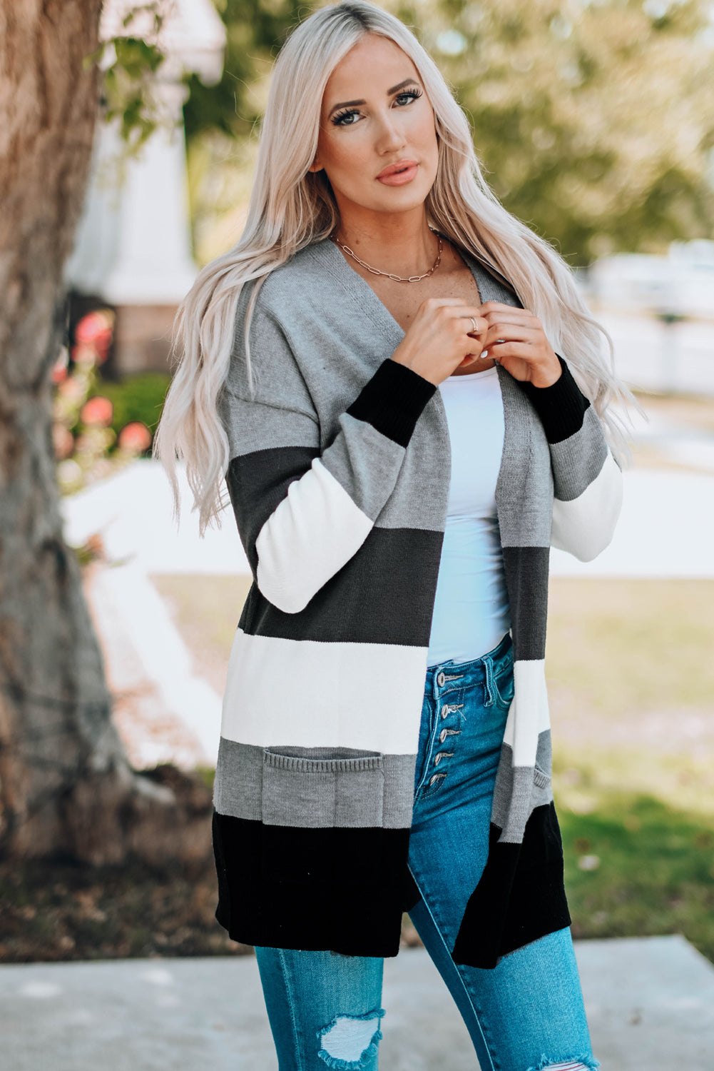 Color Block Open Front Ribbed Cuff Cardigan with Pockets