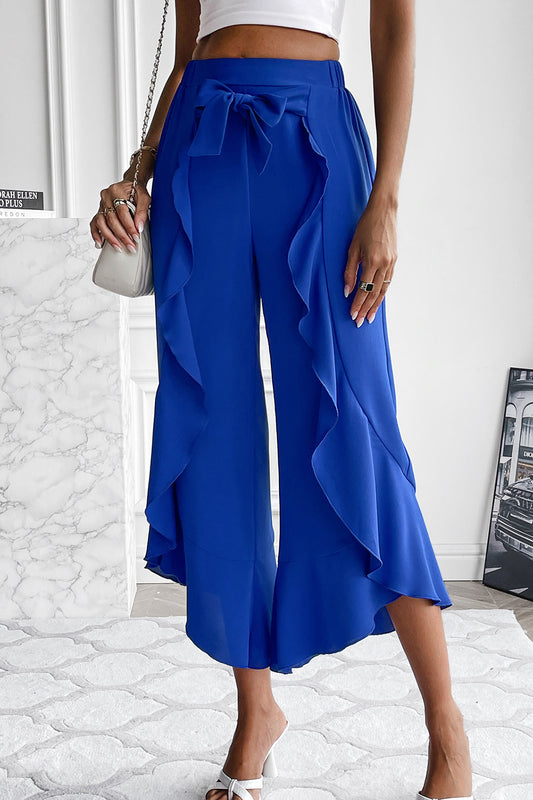 Ruffle Trim Cropped Wide Leg Pants