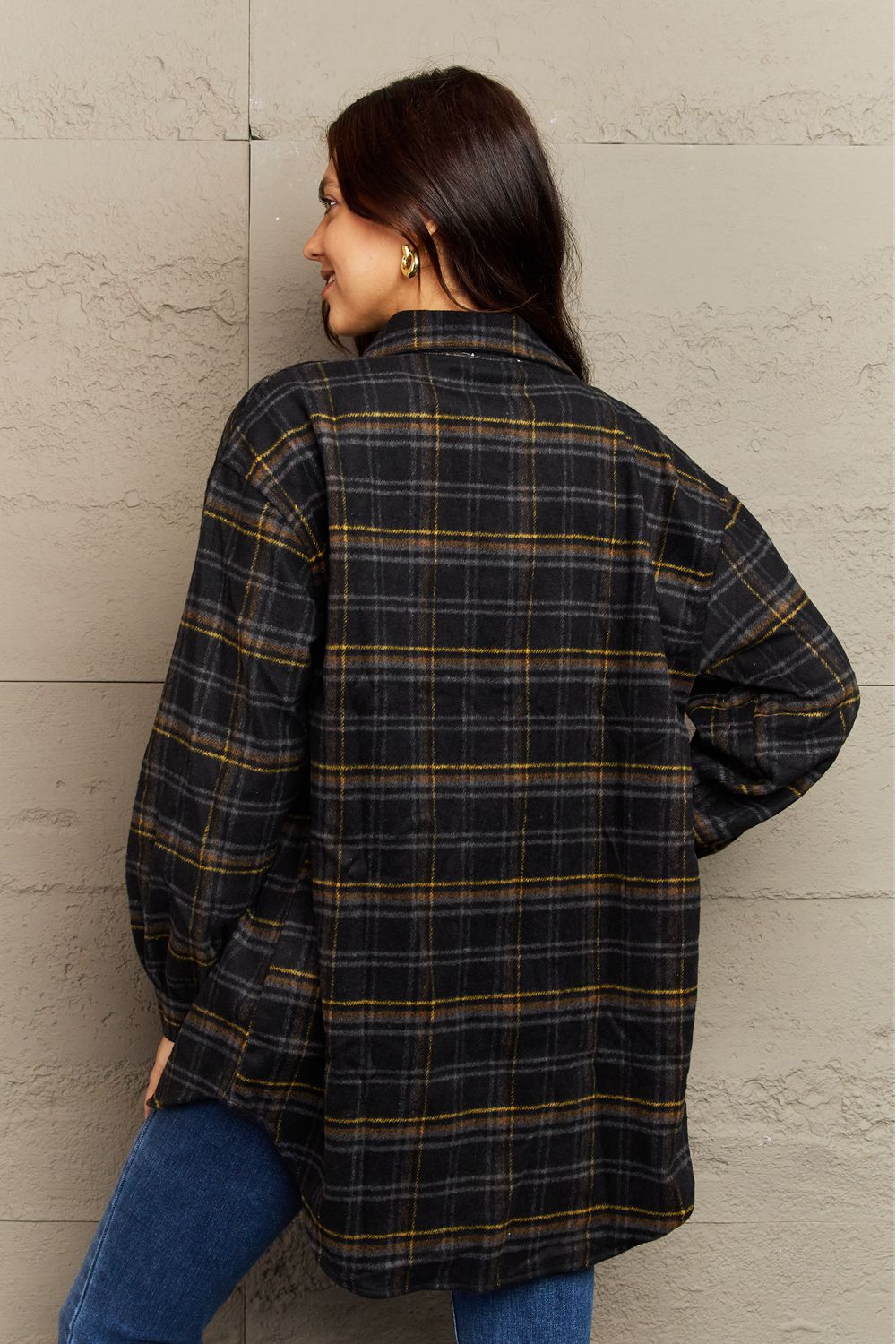 Full Size Plaid Collared Neck Button-Down Long Sleeve Jacket