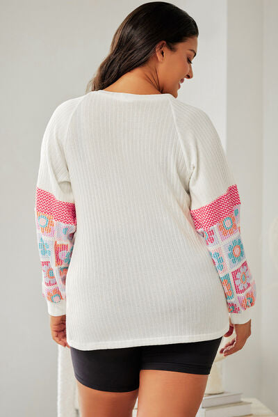 Plus Size Flower Pattern Round Neck Long Sleeve T-Shirt