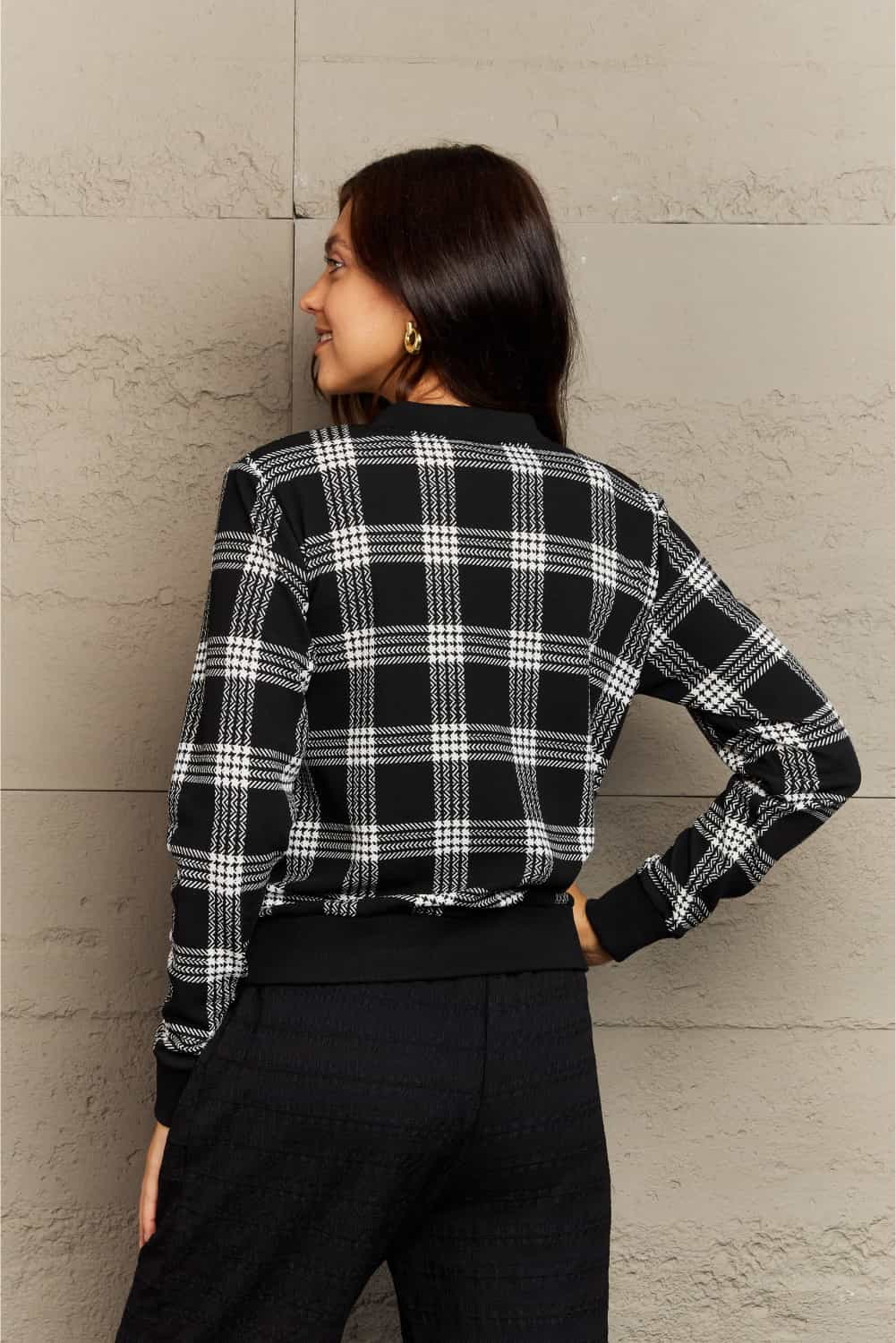 Ninexis Full Size Plaid Round Neck Long Sleeve Jacket