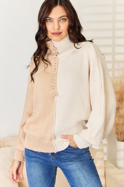 POL Pearl Detail Contrast Turtleneck Sweater