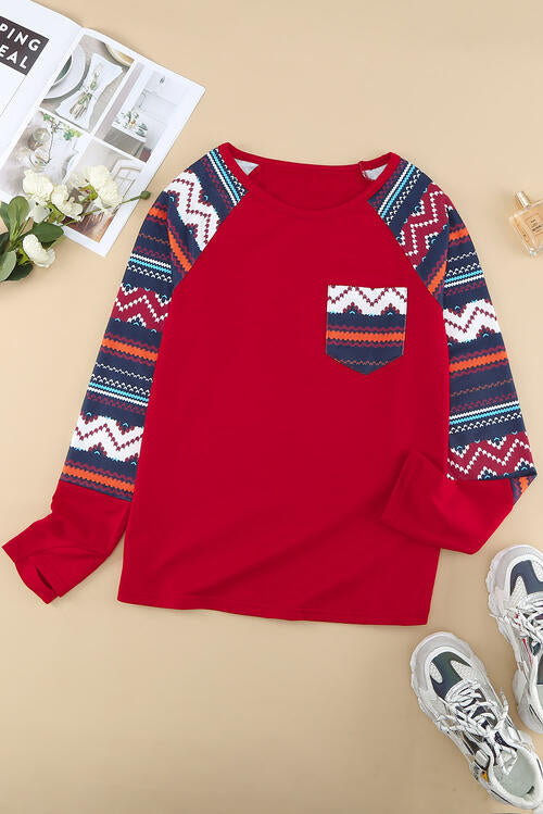 Geometric Long Sleeve Blouse With Pocket