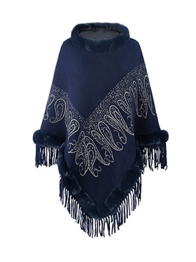 Graphic Fringe Cape Sleeve Poncho