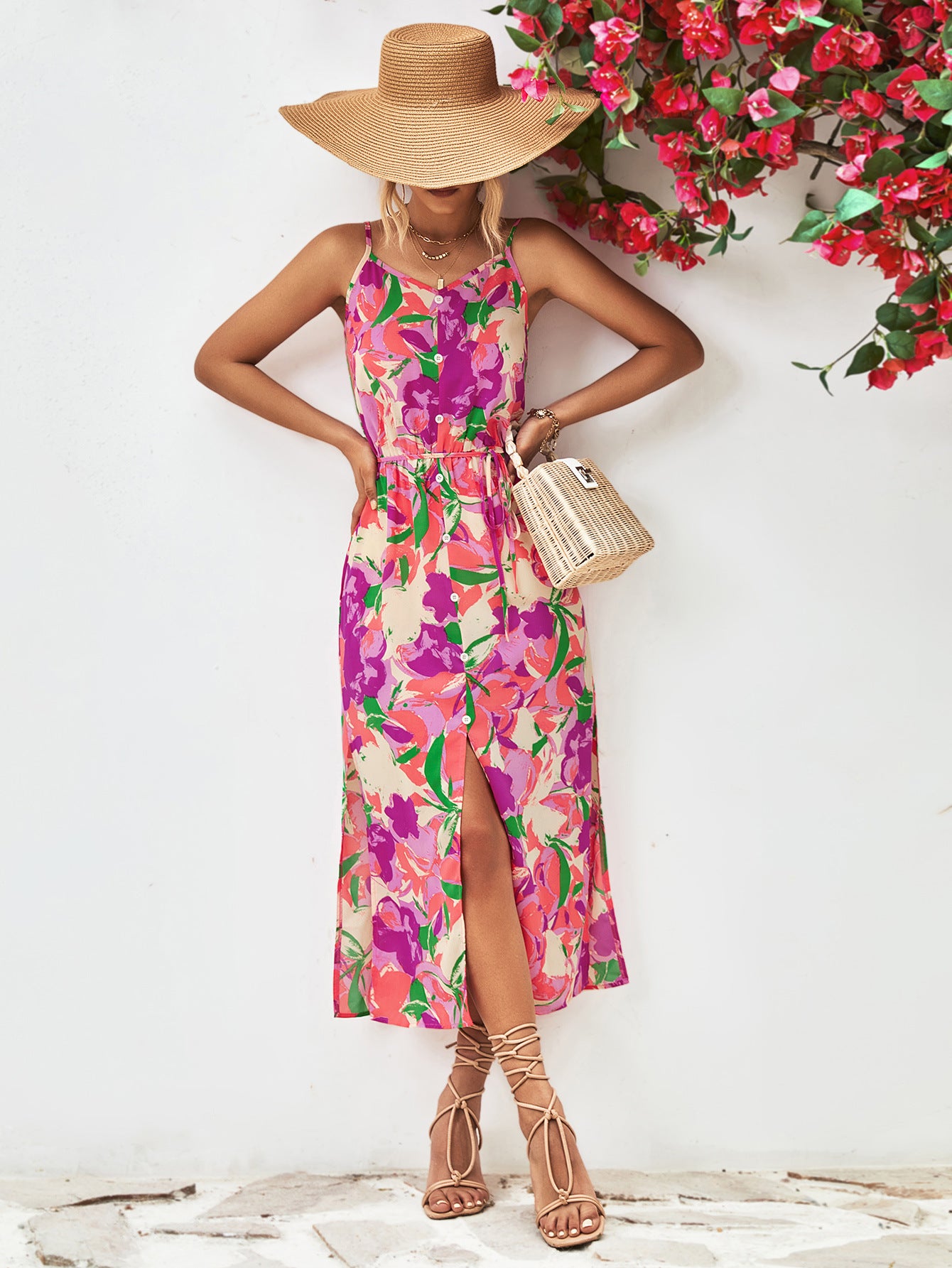 Printed Spaghetti Strap Front Slit Dress